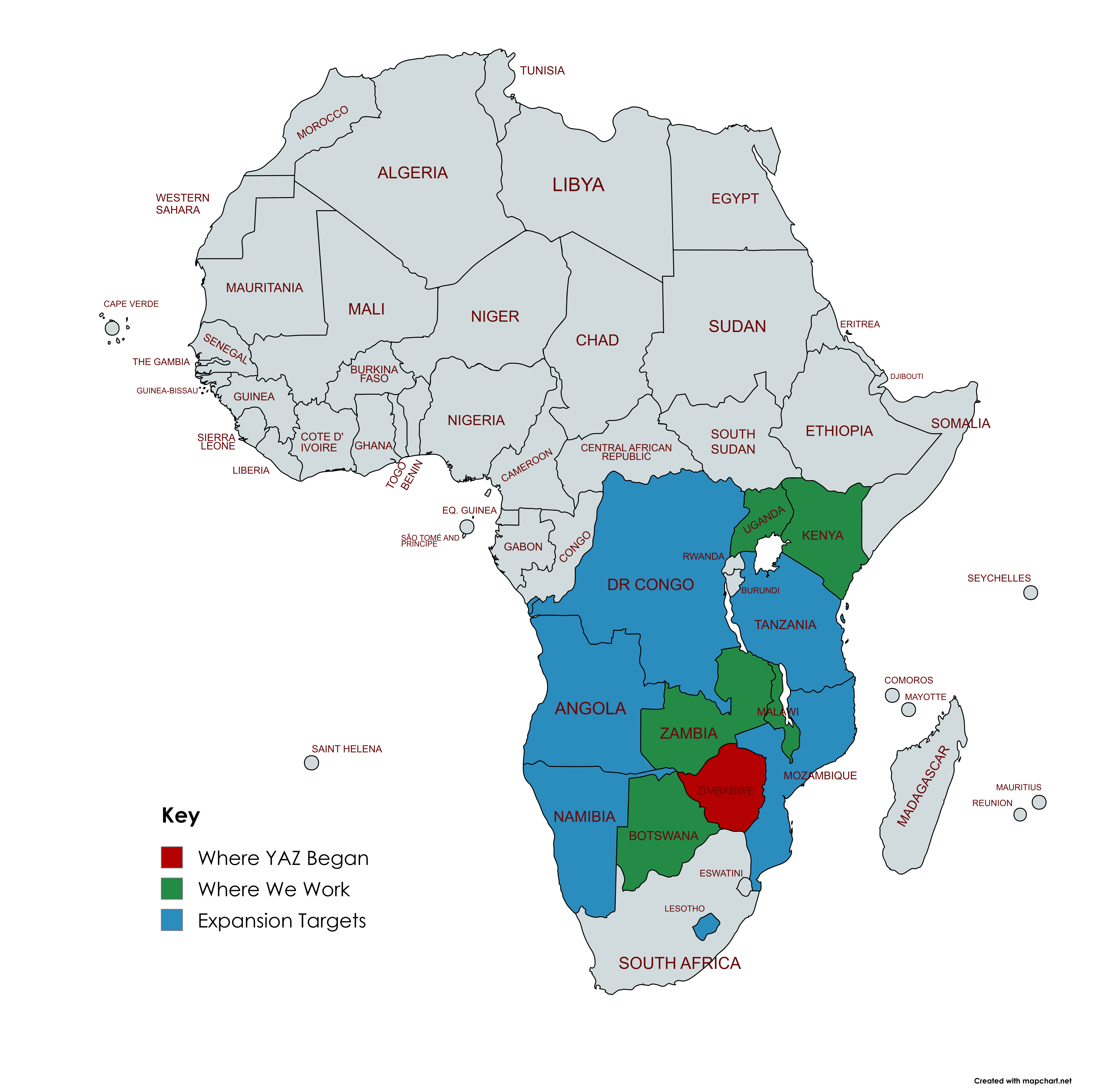Map of Africa showing YAZ countries